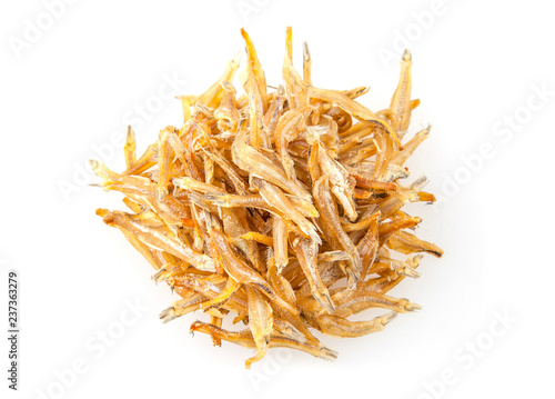 crispy small fish on white background, anchovy dried