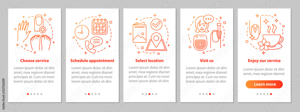Naklejka premium Nail salon onboarding mobile app page screen with linear concept