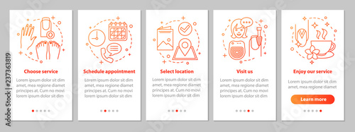 Nail salon onboarding mobile app page screen with linear concept