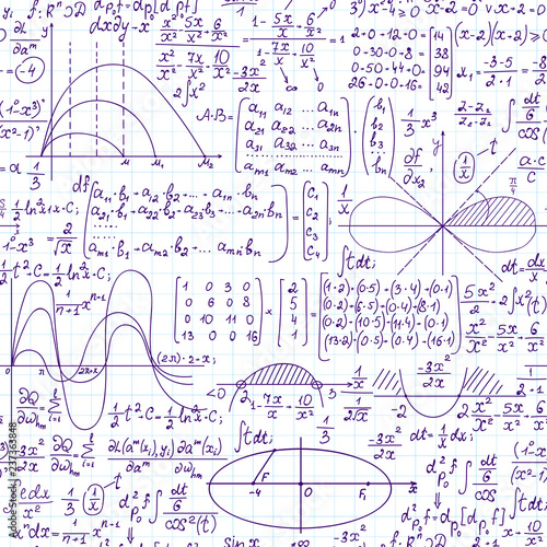 Mathematical vector seamless pattern with formulas, plots and equations handwritten on a white grid copybook paper