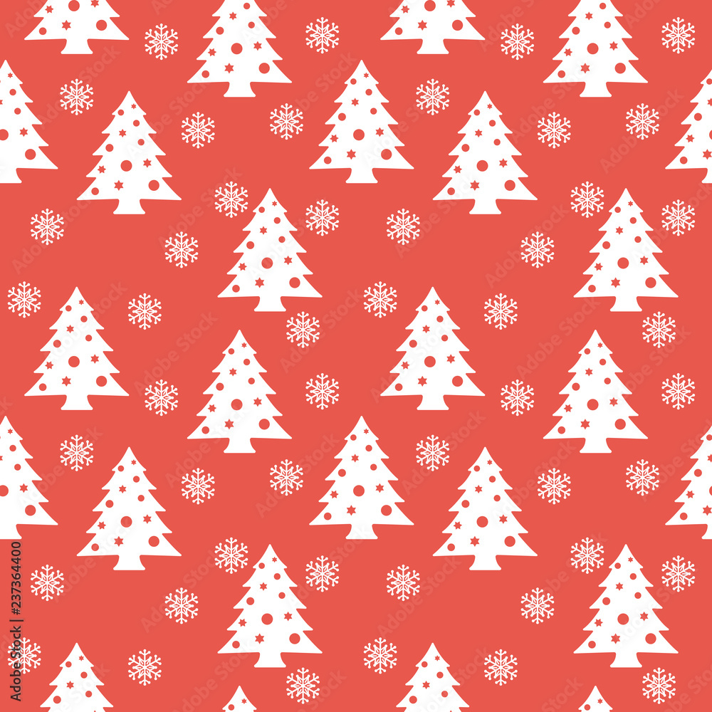 Christmas Seamless Pattern. White Trees On Red Background. Vector Illustration.