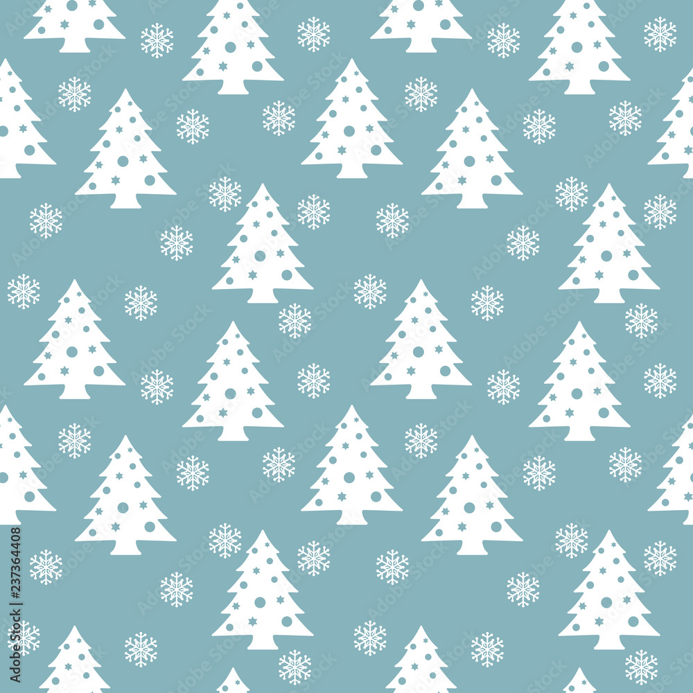 Christmas Seamless Pattern. White Trees On Blue Background. Vector Illustration.