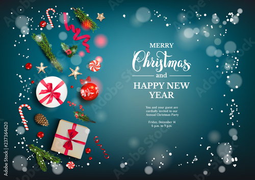 Blue holiday card with Christmas decorations and balls, stars, gift boxes, fir tree branches on fairy background. Christmas festive template.