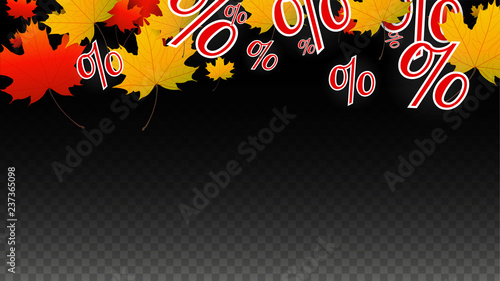 Vector Percentage Sign and Autumn Leaves Confetti on Transparent Background. Percent Sale Background. Business, Economics, Finance Print. Discount Illustration. Promotion poster. Black Friday Banner. 