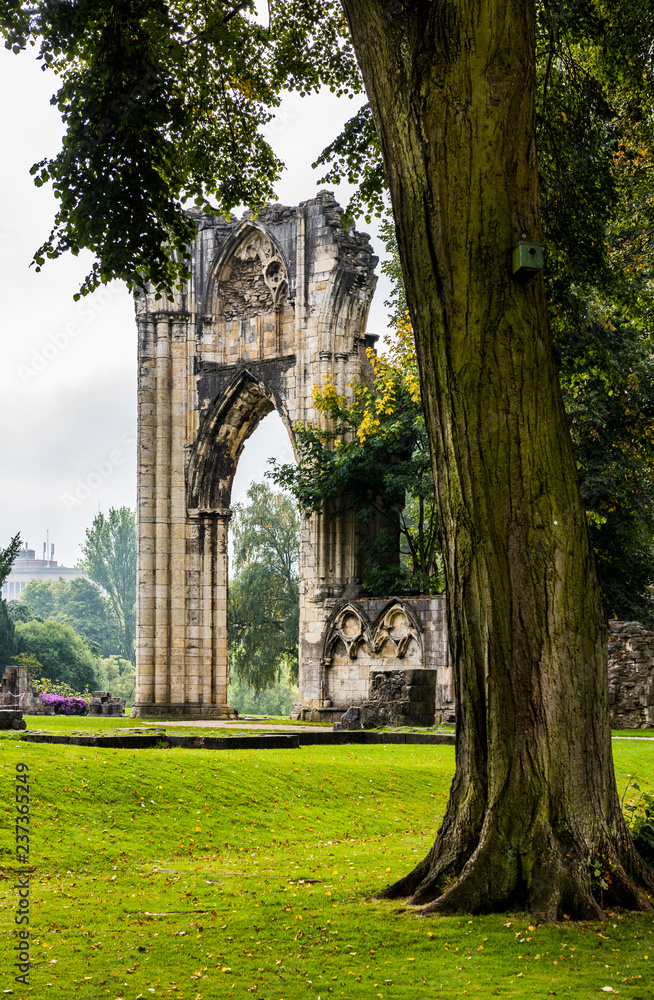 The ruins of the medieval St Mary's Abbey in the Museum Gardens in York, England. The abbey is a ruined Benedictine abbey and Grade 1 listed building