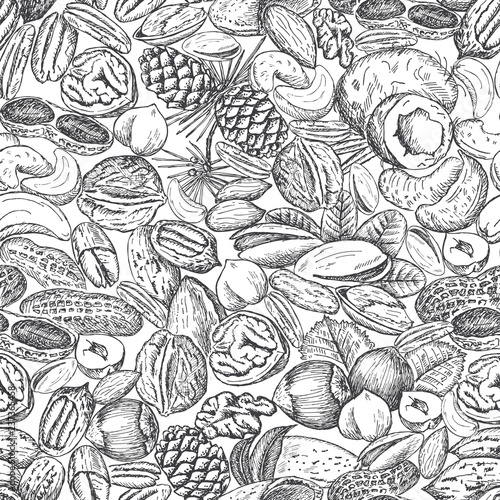 Vector background with hand drawn nuts seamless pattern.