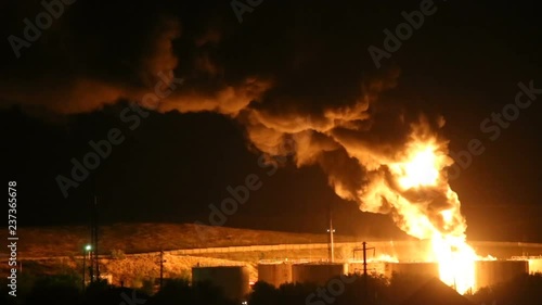 Fire after an explosion at night
