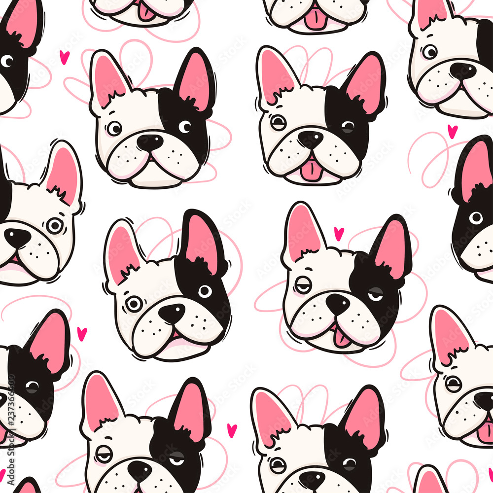Cute french bulldog. Dog faces with various emotions. Hand drawn colored vector seamless pattern Cute french bulldog. Dog faces with various emotions. Hand drawn colored vector seamless pattern