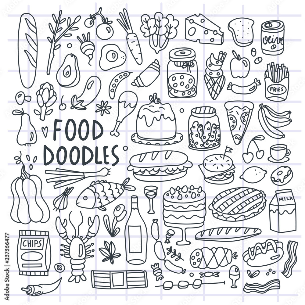 Various hand drawn food. Doodle vector set. All elements are isolated. Checked background Various hand drawn food. Doodle vector set. All elements are isolated. Checked background