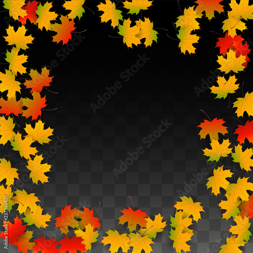 September Vector Background with Golden Falling Leaves. Autumn Illustration with Maple Red, Orange, Yellow Foliage. Isolated Leaf on Transparent Background. Bright Swirl. Suitable for Posters.