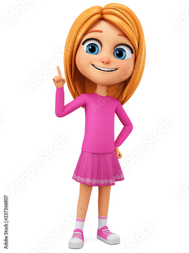 Character cartoon girl in pink dress pointing her finger on an empty space on a white background. 3d rendering. Illustration for advertising.