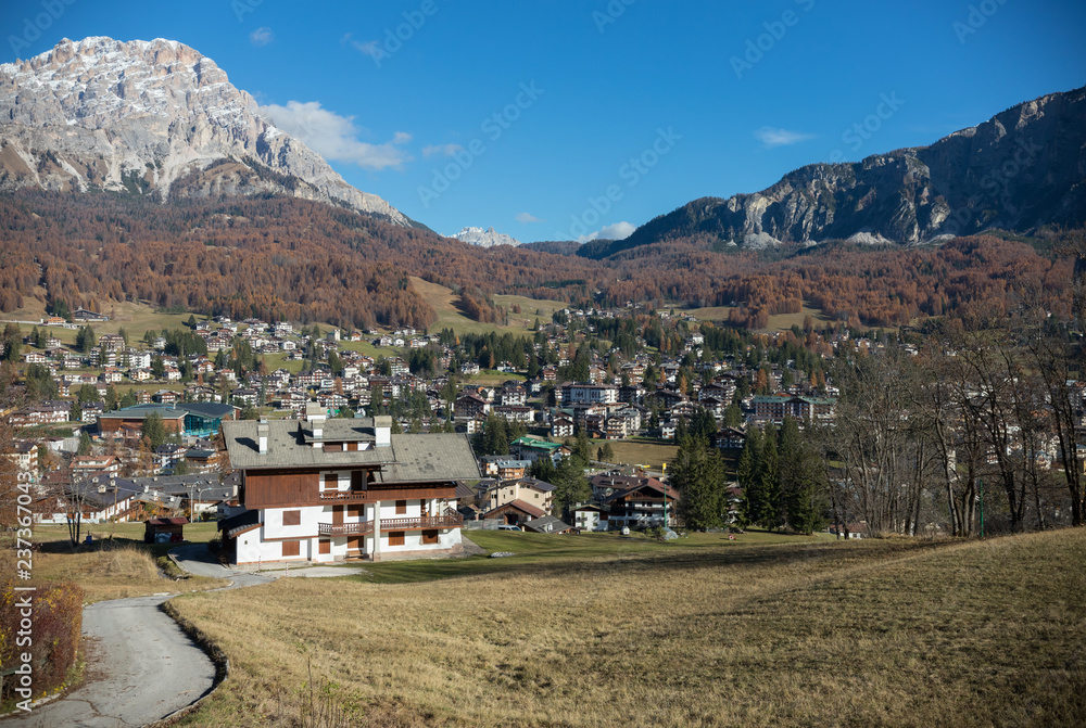 Traveling. Dolomites. An europe village in alpine mountains.