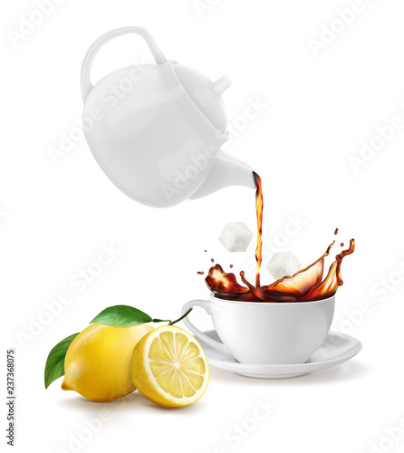A teapot with a cup of lemon tea. Vector illustration on white background.
