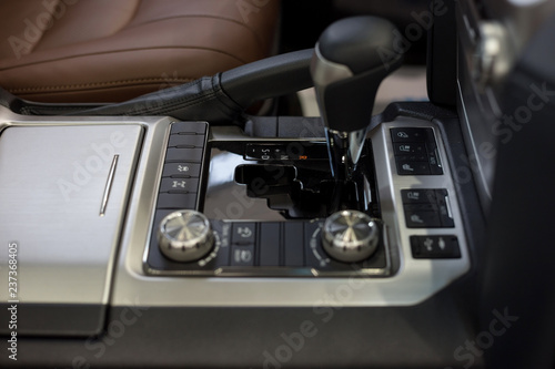 Interior of new car with automatic transmission. Modern and prestigious vehicles.