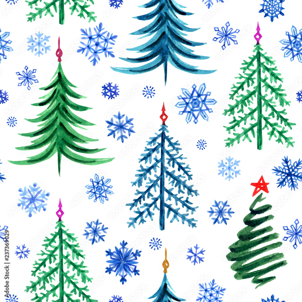 Seamless pattern of Christmas trees and snowflakes, watercolor drawing on a white background. New Year, Christmas print for fabric, wrapping paper and other designs.