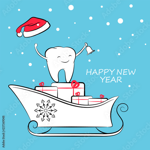 Smiling tooth with santa claus hat, in sleigh with gifts. Holiday concept of New Year and Christmas greeting for the dental clinic.
