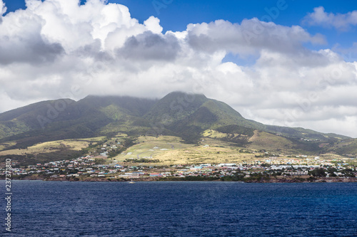 Coastline along a Saint Kitts and Nevis island in Caribbean sea