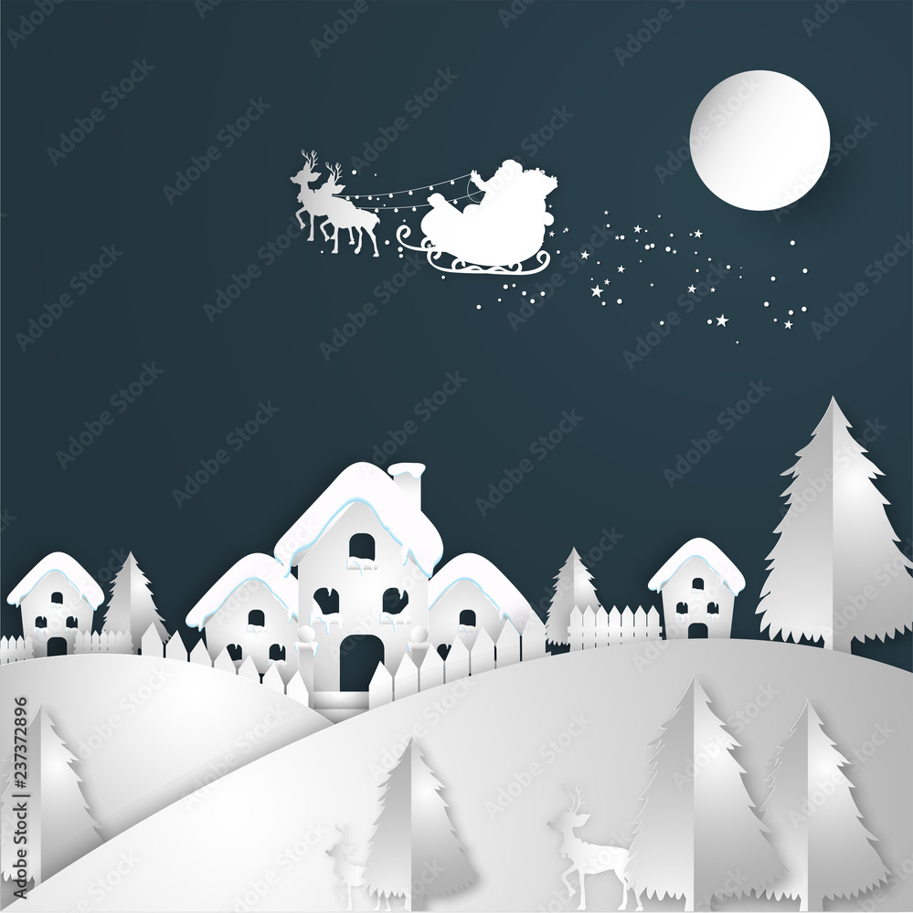 Paper cut style winter landscape background with flying santa sleigh for Merry Christmas celebration concept.