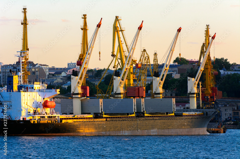 Odessa, Ukraine - August 8, 2018. Big working cranes for loading containerships and various cargoes to the ships at the shipyard against a beautiful evening blue sky in soft colors. Cargo delivery