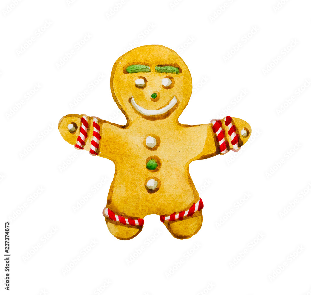 Watercolor gingerbread on the Christmas theme in the form of a man, decorated with a red glaze ornament.