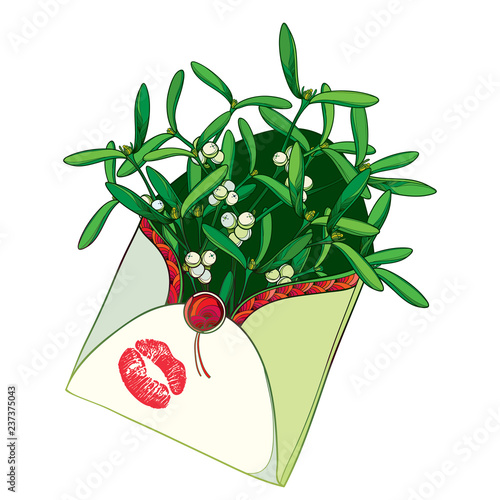 Vector bunch of outline Mistletoe with green leaves, berry and red lipstick kiss in open craft envelope isolated on white background. Contour Mistletoe branch for romantic Christmas winter design.