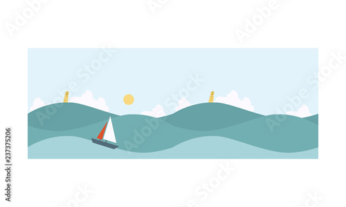 Seascape  blue sea background with waves  yacht  beacon