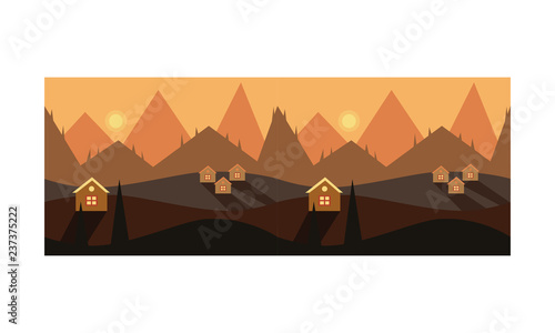 Beautiful mountain landscape ith houses, sunset or sunrise over the mountains vector Illustration