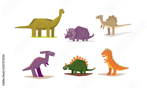 Dinosaurs set, cute geometric Jurassic period animals vector Illustration on a white background