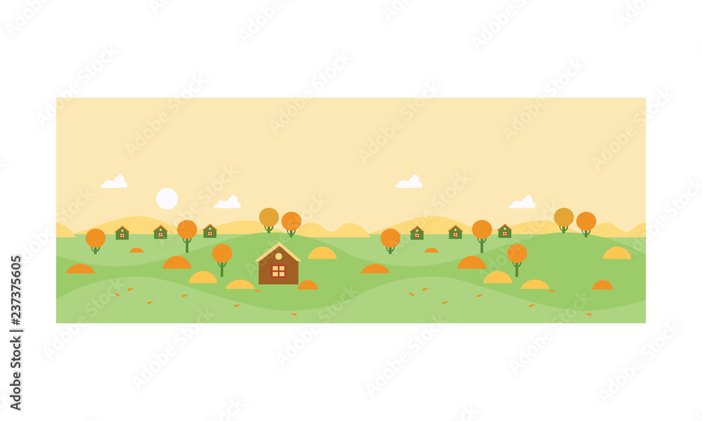 Autumn rural landscape with village houses and yellow trees vector Illustration Autumn rural landscape with village houses and yellow trees vector Illustration