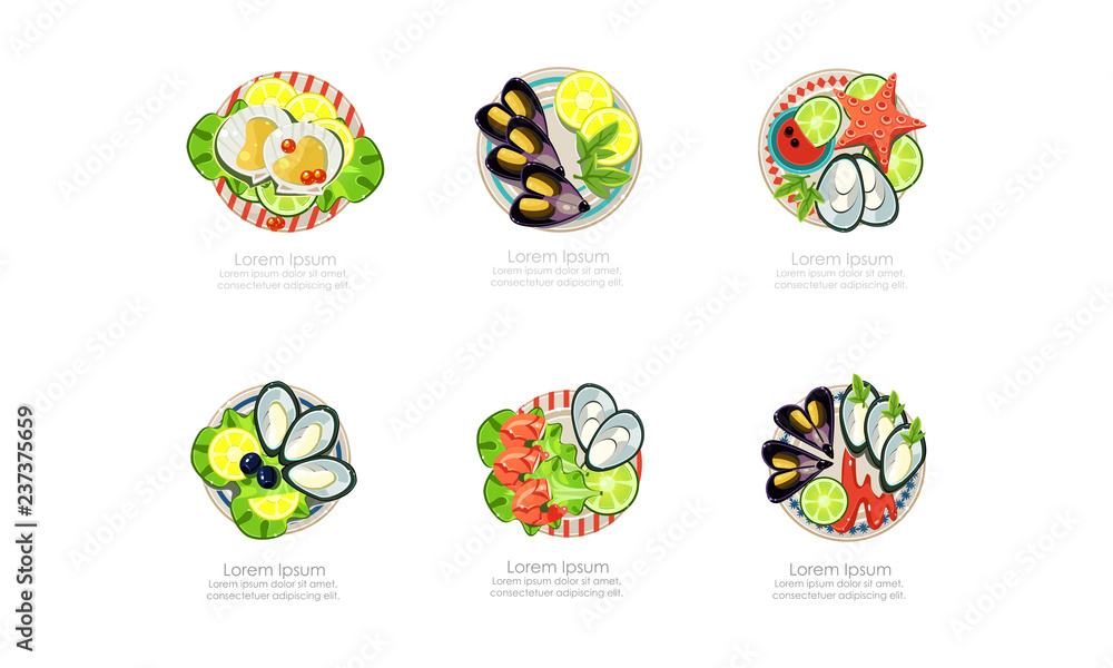 Seafood dishes set, shrimps, mussels, oysters, marine products, caviar restaurant menu vector Illustration