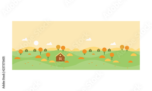 Autumn rural landscape with village houses and yellow trees vector Illustration