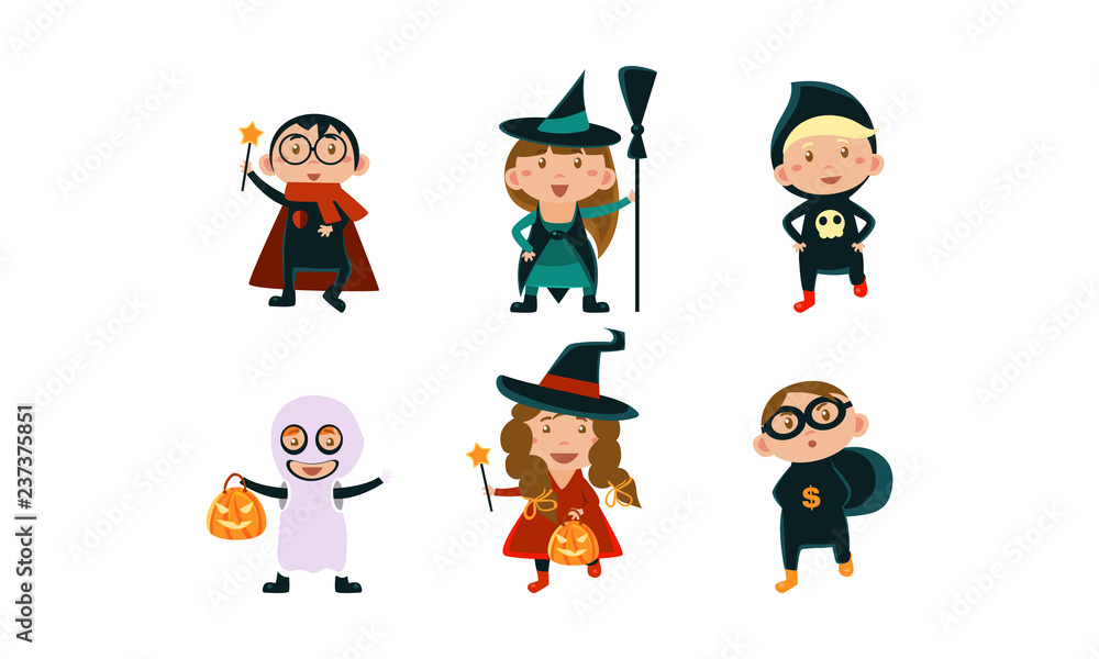 Kids in Halloween costumes set, funny children wearing carnival clothes vector Illustration on a white background