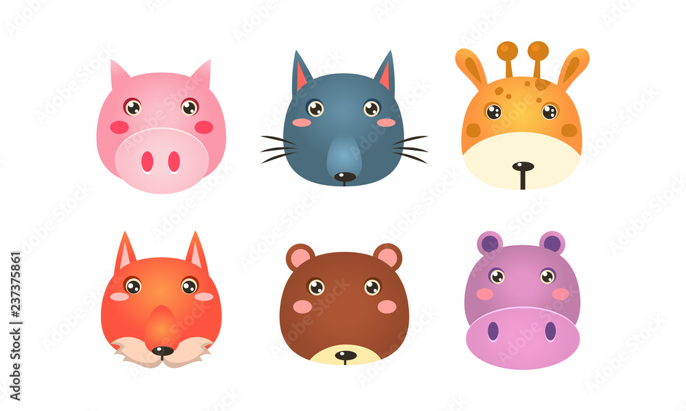 Cute animal heads set, funny faces of pig, wolf, giraffe, fox, bear, hippo vector Illustration on a white background Cute animal heads set, funny faces of pig, wolf, giraffe, fox, bear, hippo vector Illustration on a white background