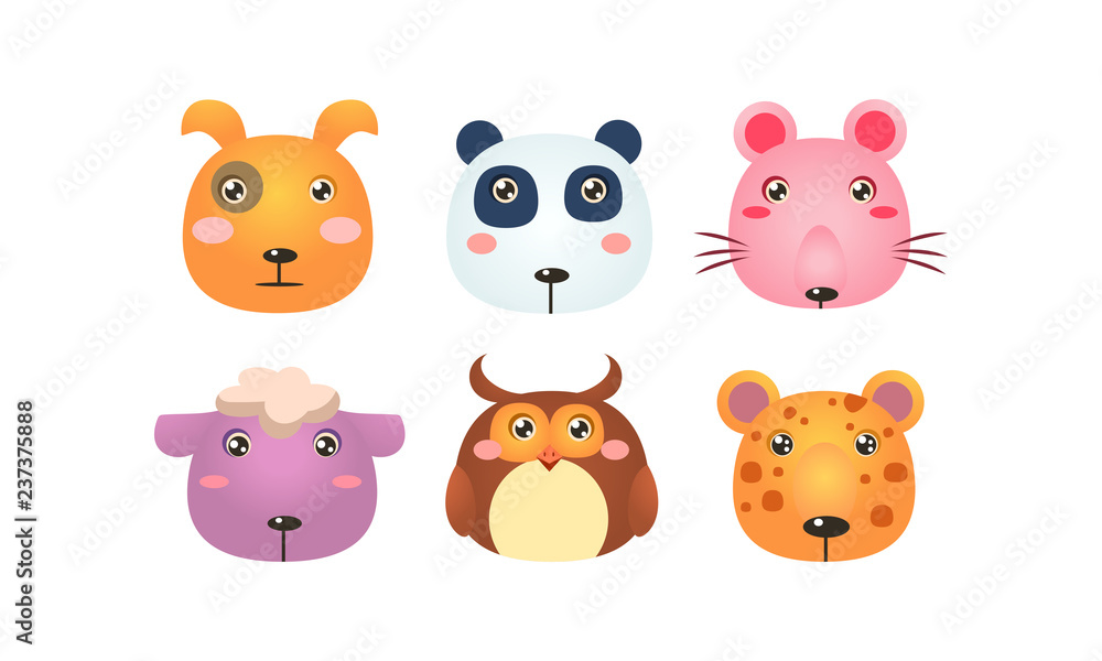 Cute animal heads set, funny faces of dog, panda bear, mouse, sheep, owl, tiger vector Illustration on a white background Cute animal heads set, funny faces of dog, panda bear, mouse, sheep, owl, tiger vector Illustration on a white background