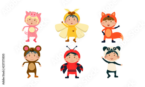 Kids in carnival costumes set, cute little boys and girls wearing insects and animals clothes, pig, bee, monkey, fox, ladybug, panda bear vector Illustration
