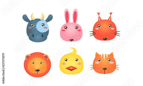 Fototapeta Naklejka Na Ścianę i Meble -  Cute animal heads set, funny faces of cow, bunny, squirrel, lion, duck, cat vector Illustration on a white background