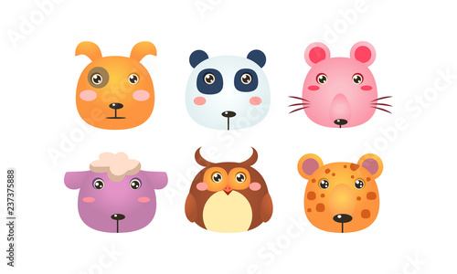 Cute animal heads set  funny faces of dog  panda bear  mouse  sheep  owl  tiger vector Illustration on a white background