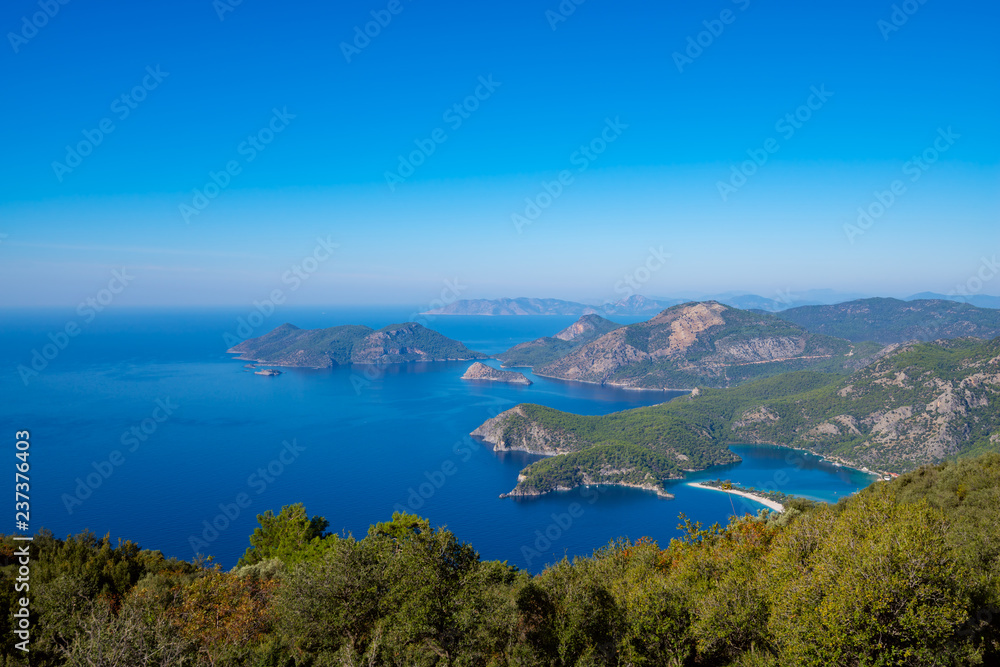 Panoramic view of rocky shores covered with lush pines