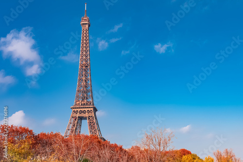 Paris, Eiffel tower in autumn, panorama with red trees 