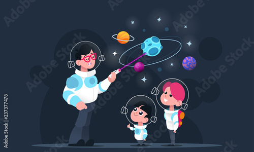 Teacher and children dressed in an astronaut costume, schoolchildren in the planetarium. The concept of a lecture about the planets, an excursion into space. Cartoon characters in a flat style. Vector