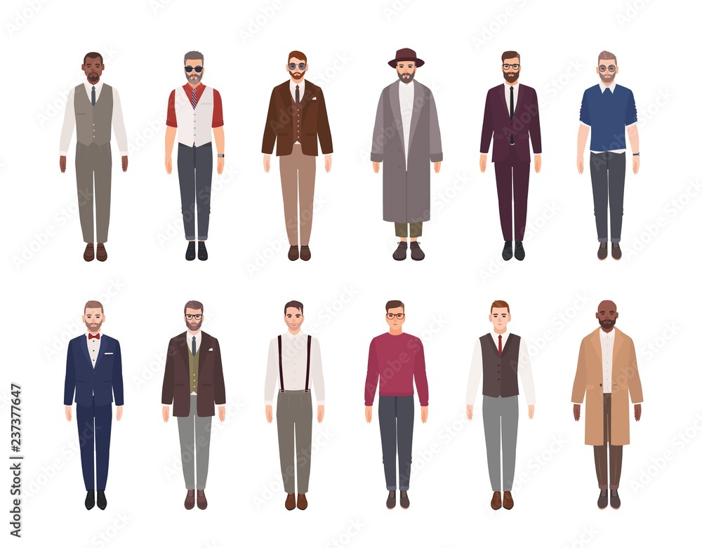 Collection of attractive men wearing elegant clothes. Bundle of male cartoon  characters dressed in stylish suits isolated on white background. Front  view. Colorful vector illustration in flat style. Stock Vector | Adobe