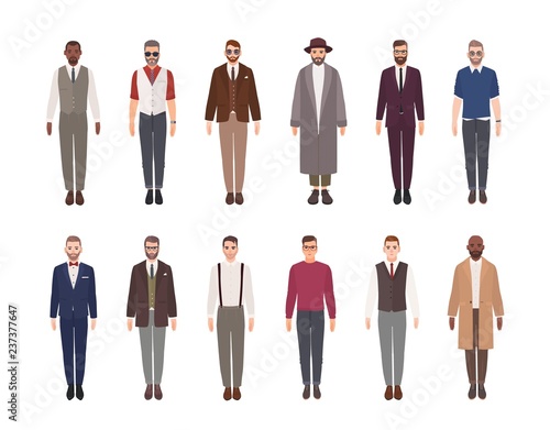 Collection of attractive men wearing elegant clothes. Bundle of male cartoon characters dressed in stylish suits isolated on white background. Front view. Colorful vector illustration in flat style.