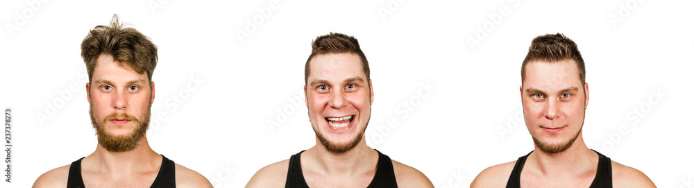 guy on white isolated background before haircut and after haircut guy on white isolated background before haircut and after haircut