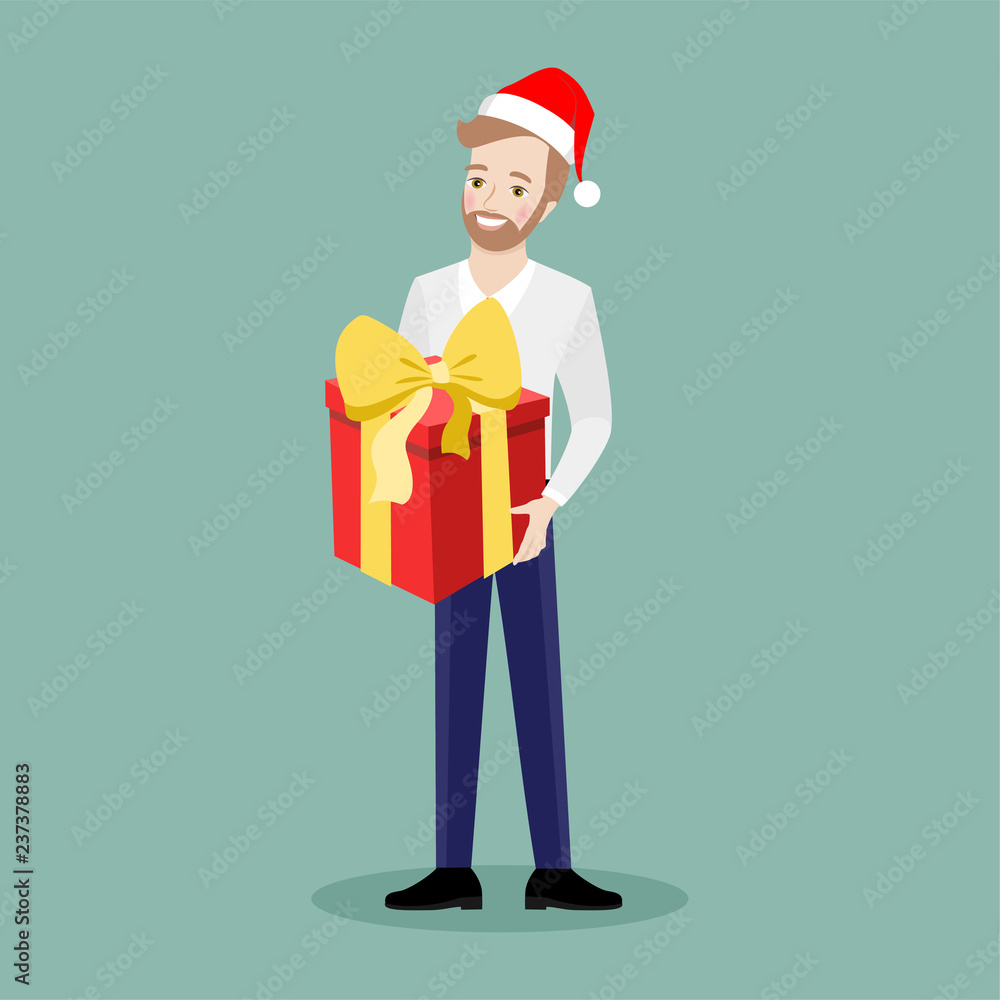 Happy businessman in a New Year's cap with a gift in his hands on a green background. Flat illustration. Happy businessman in a New Year's cap with a gift in his hands on a green background. Flat illustration.