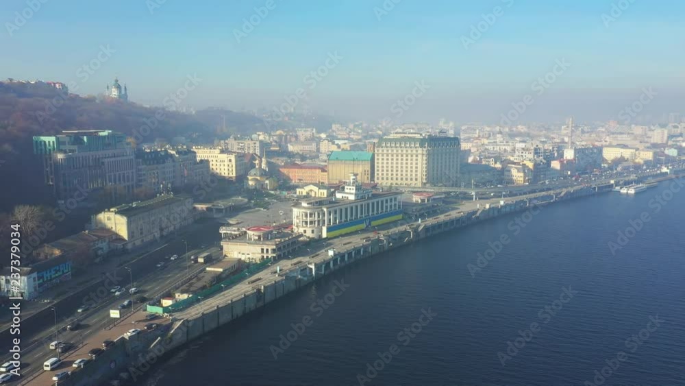 Kiev Ukraine aeriel drone view to Andriyivskyy Descent, Podil, St.Andrew's Church, river Dnepr. Kiev Ukraine aeriel drone view to Andriyivskyy Descent, Podil, St.Andrew's Church, river Dnepr.