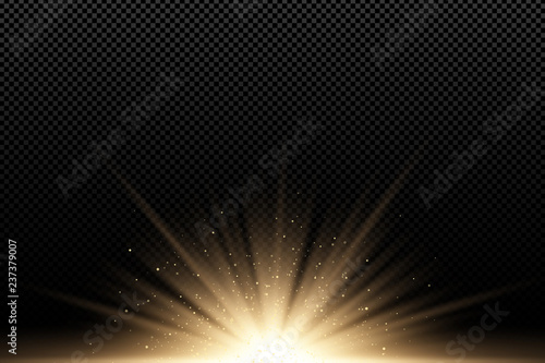 Golden stylish light effect on a dark transparent background. Golden rays. Bright explosion. Flying golden magical dust. Sunlight. Christmas light. Backlight. Vector illustration photo