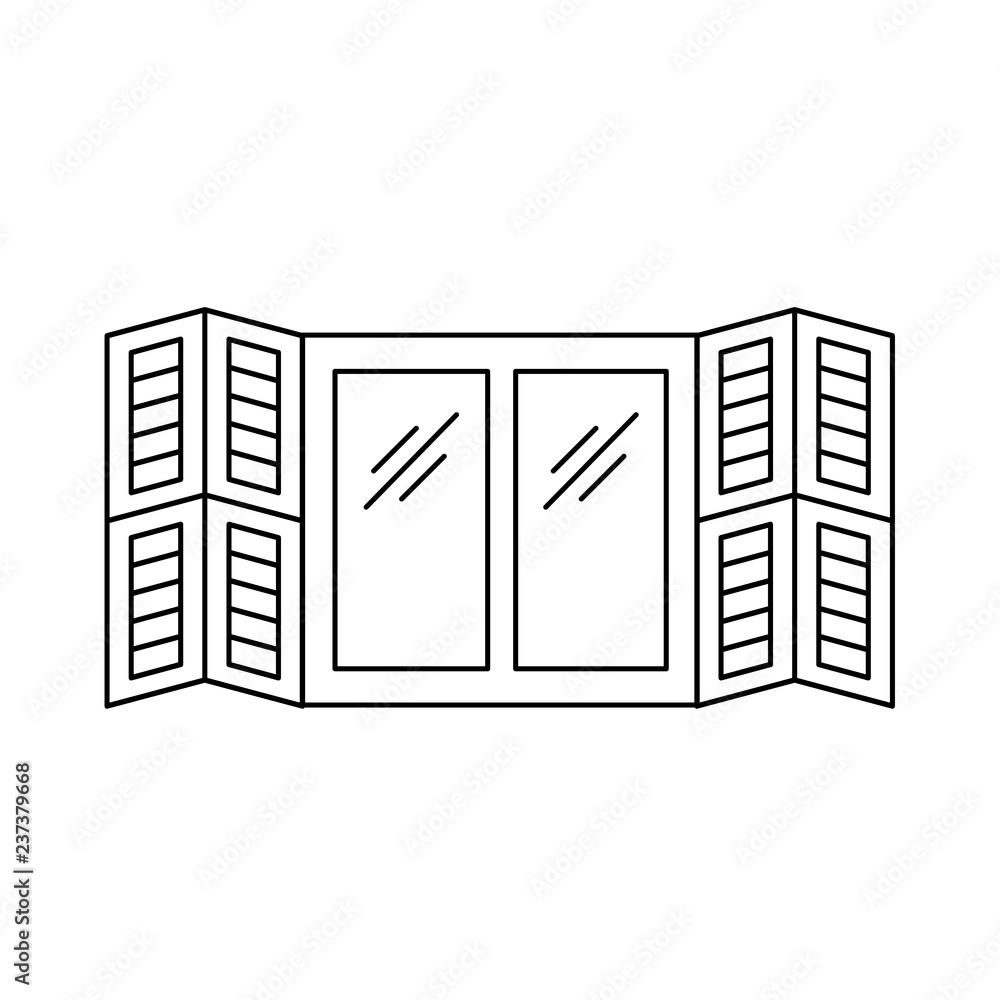 Black & white illustration of old window shutter. Vector line icon of wooden vintage outdoor jalousie. Isolated object Black & white illustration of old window shutter. Vector line icon of wooden vintage outdoor jalousie. Isolated object