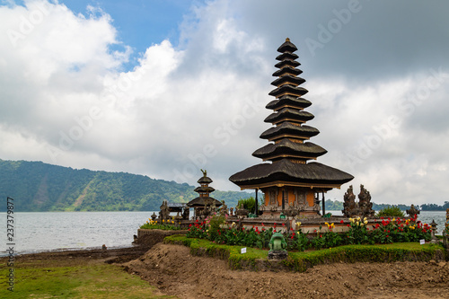 Pura Ulun Danu Beratan in cloudy day  famous temple on the lake  Bedugul  Bali  Indonesia.