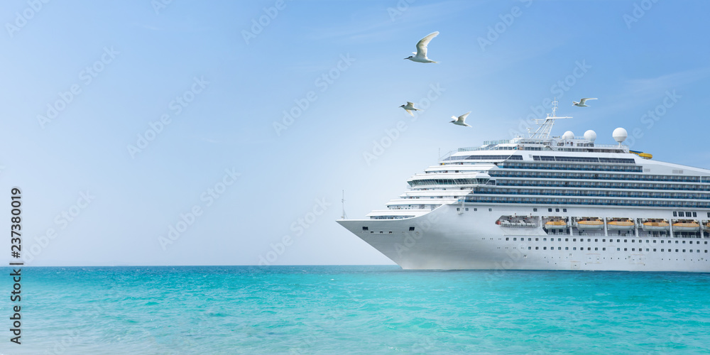 Aerial view of beautiful white cruise ship above luxury cruise concept tourism travel on summer holiday vacation time, webinar banner  forwarder mast