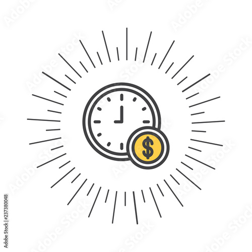 Time is money concept, clock and coin, long term financial investment, superannuation savings, future income, annual revenue, money profit and benefit, vector flat line icon